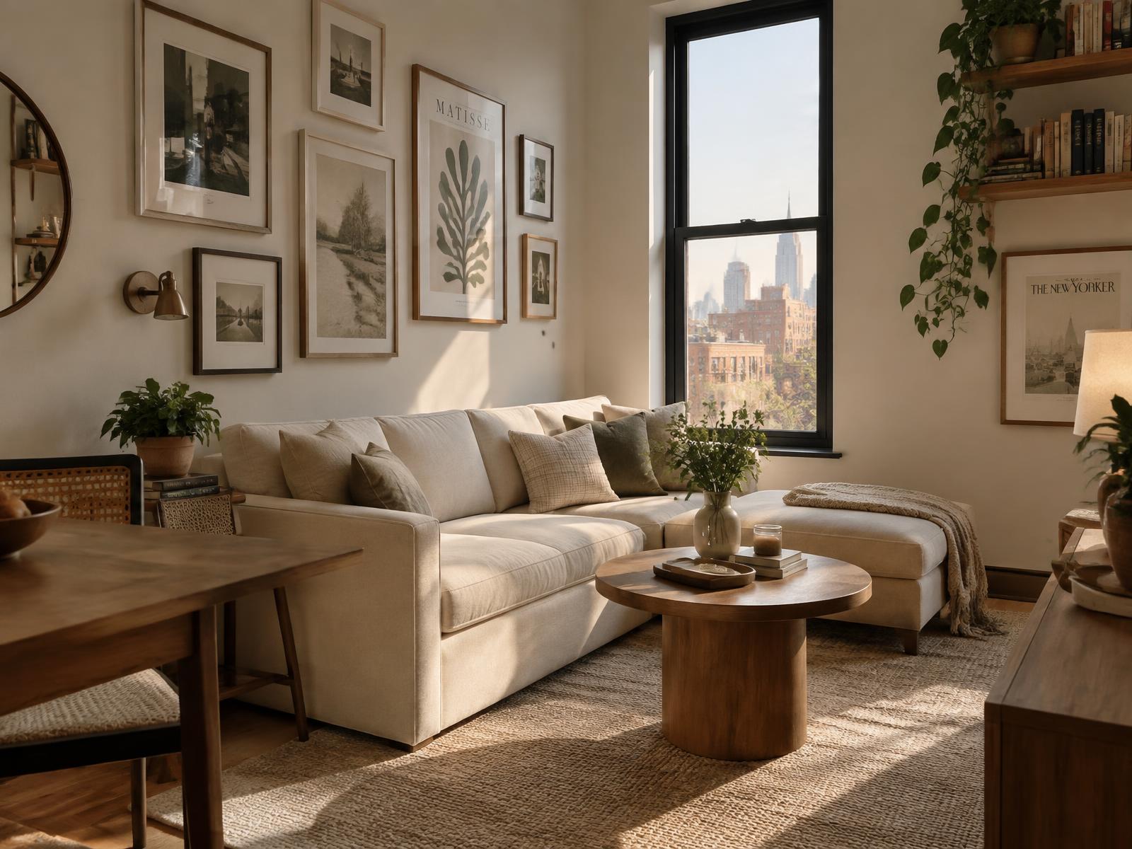 Warm Brooklyn apartment living room with layered neutral furnishings and gallery wall