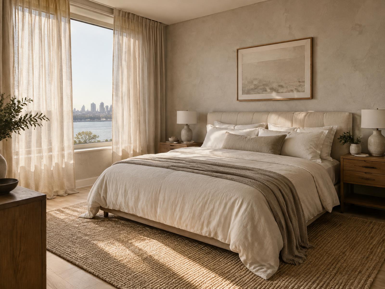 Elegant coastal bedroom with ivory linens, plaster walls and morning light