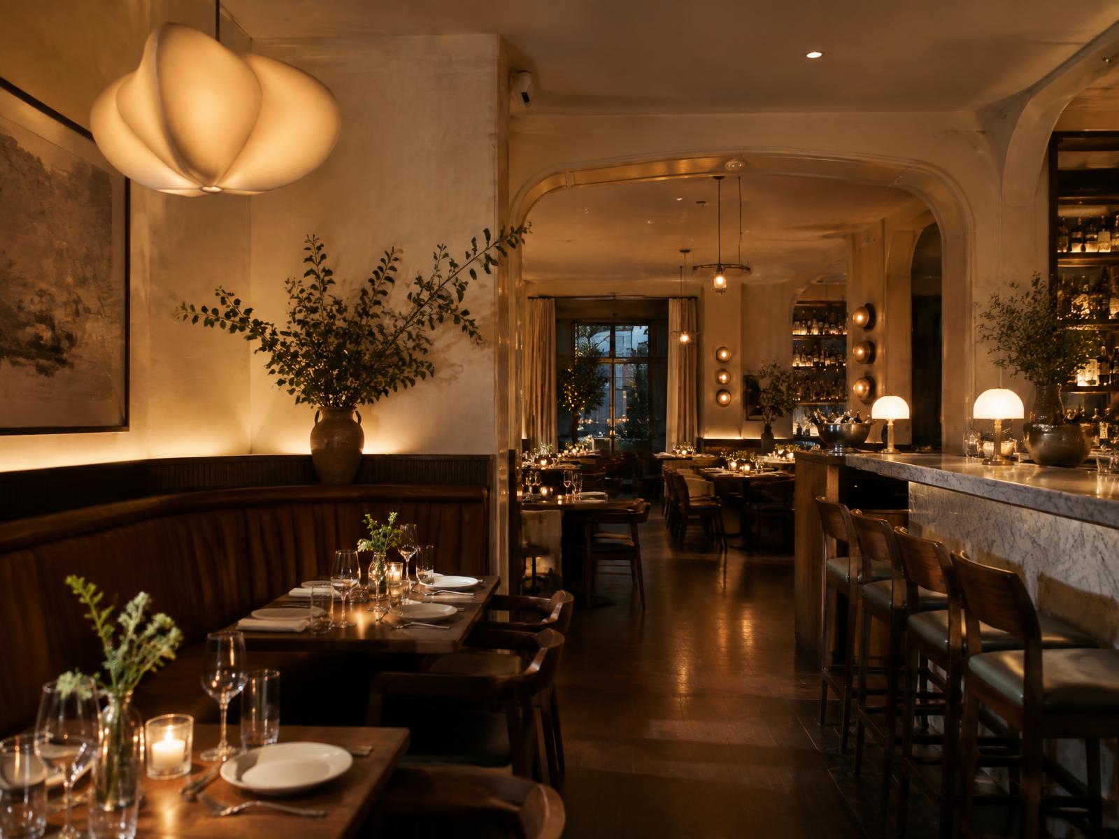 Warm Brooklyn restaurant interior with walnut banquettes, marble bar and sculptural pendant lighting