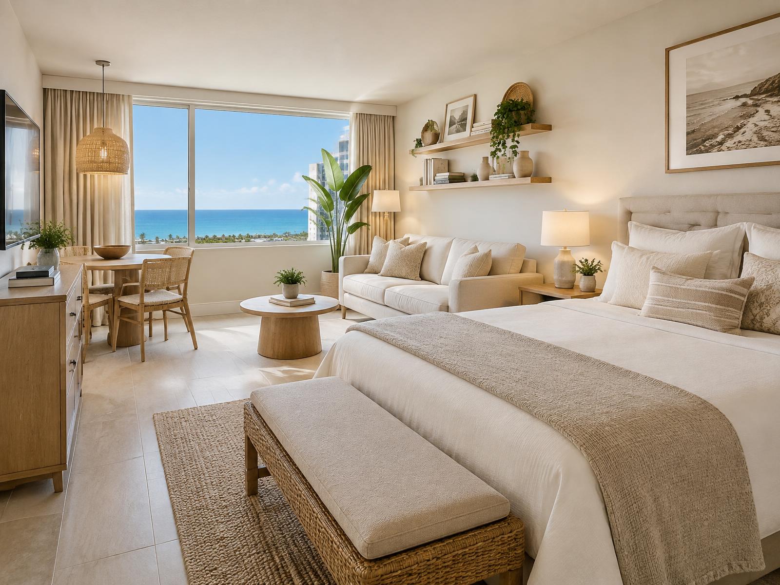 Bright furnished short-term rental studio with ocean view, cream bedding and natural woven textures